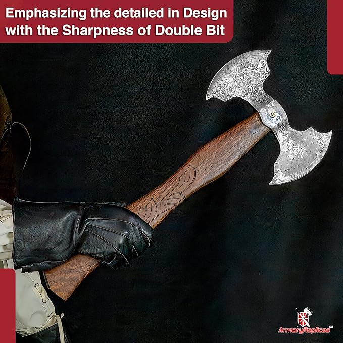 Armory Replicas™ Nightmare Blade of Ragnheidr Damascus Steel Axe – Double Headed Hand Forged with Sheesham Wood Handle Floral Carving &amp Leather Sheath