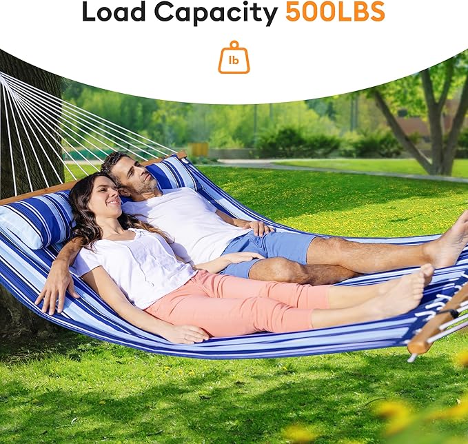 Everyfun Double Hammock with Spreader BarSoft PillowMax Load 500lbsPortable Hammock for OutdoorCampingand BackyardBlue