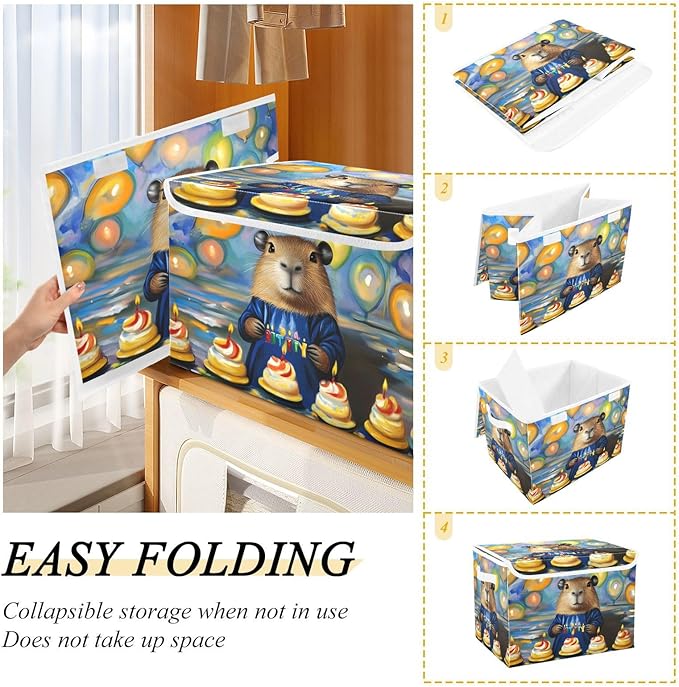 Storage Cube with Lid Birthday Capybara Print 16.5×12.6×11.8 IN Collapsible Large Capacity Foldable Storage Basket Bin Organizer