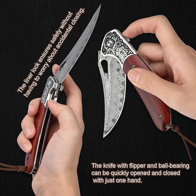 KOMWERO Damascus Pocket Knife for Men Women Sharp VG10 Core Damascus Steel Knife for Outdoor Camping Survival Hunting - Wood Handle Ball Bearing Leather Sheath Liner Lock