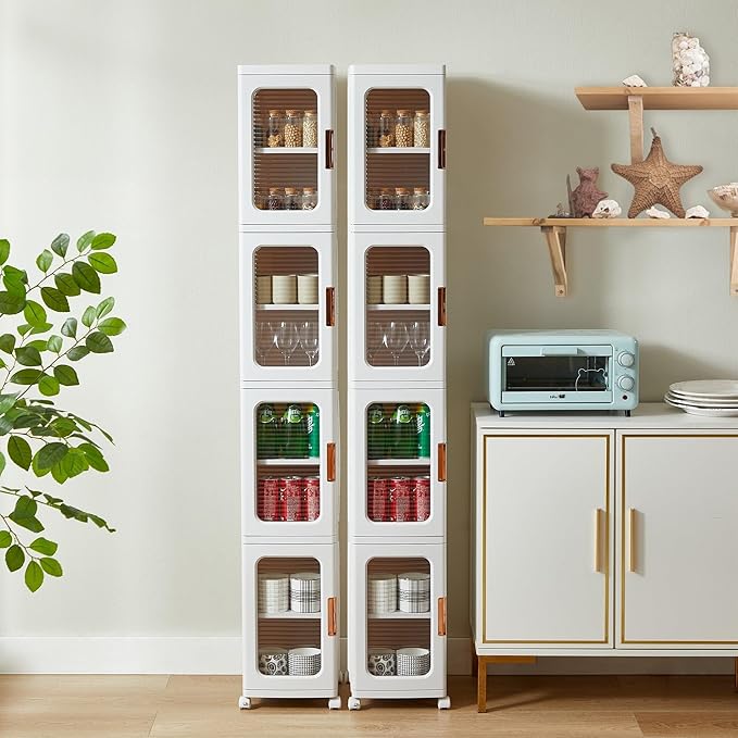 65 Narrow Tall Plastic Foldable Storage Bins 4 Tier Stackable Container Organizer Set with Window Wheels White Rolling Stacking
