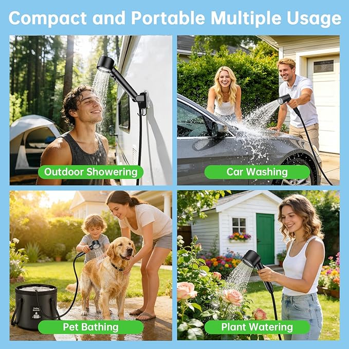 8000mAh Portable Camping Shower Upgrade Rechargeable Electric Shower Pump with 5 Gallon Bucket Intelligent LED DisplayPortable Shower for Outdoor