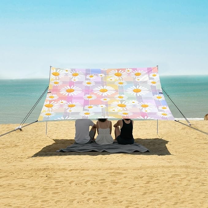 Beach Canopy with Windproof Ropes &amp Sandbags Beach Tent Sun Shade Sun Shelter for Camping Trips Fishing Backyard Fun or Picnics Daisy
