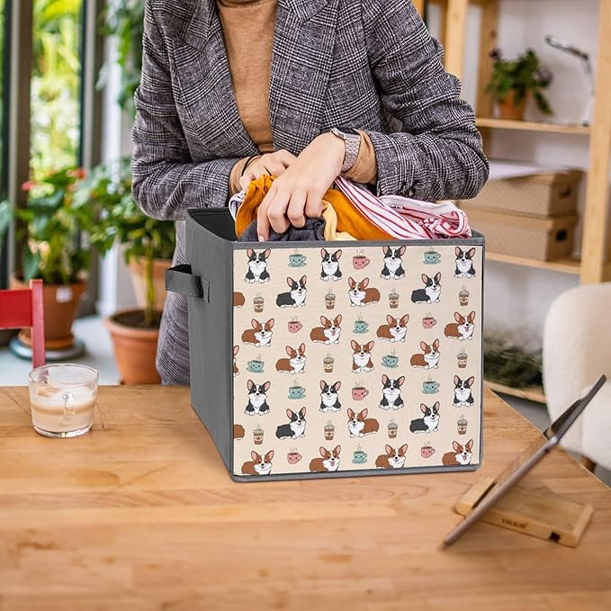 Foldable Storage Box with Handles Coffee Corgi Durable Collapsible Cube Bin for Organizing Toys Books Clothes Versatile Home &amp Office Solution