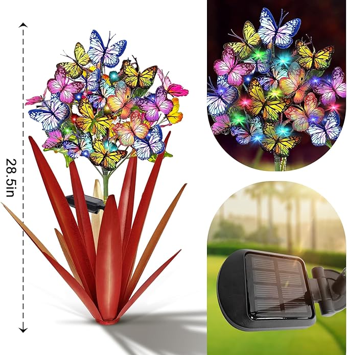 Homight Solar Metal Agave Butterfly Flower Stick Garden Sculpture - Outdoor Christmas Lights Swaying Solar Lights Gift (2 PCS RED)
