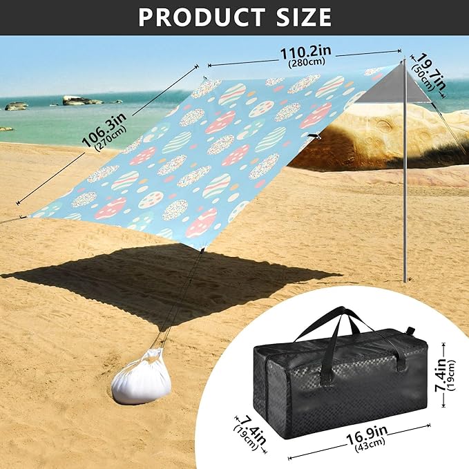 Easter Egg Beach Canopy Sun Shelter with Sandbags &amp Sand Shovel &amp Windproof Ropes - Portable 110x126 Beach Shade Beach Tent for Camping Picnics