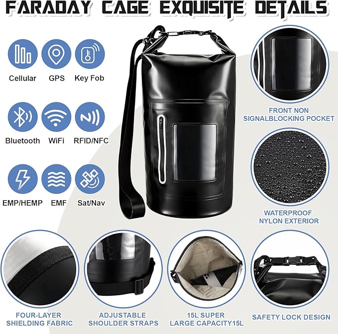 Shinylin 15 L Waterproof Faraday Dry Bag 500d Shield Bag Waterproof Nylon Signal Blocking Backpack with 2 Pcs Faraday Pouch Protects Electronics from Water Nfc Cellular Gps Emf