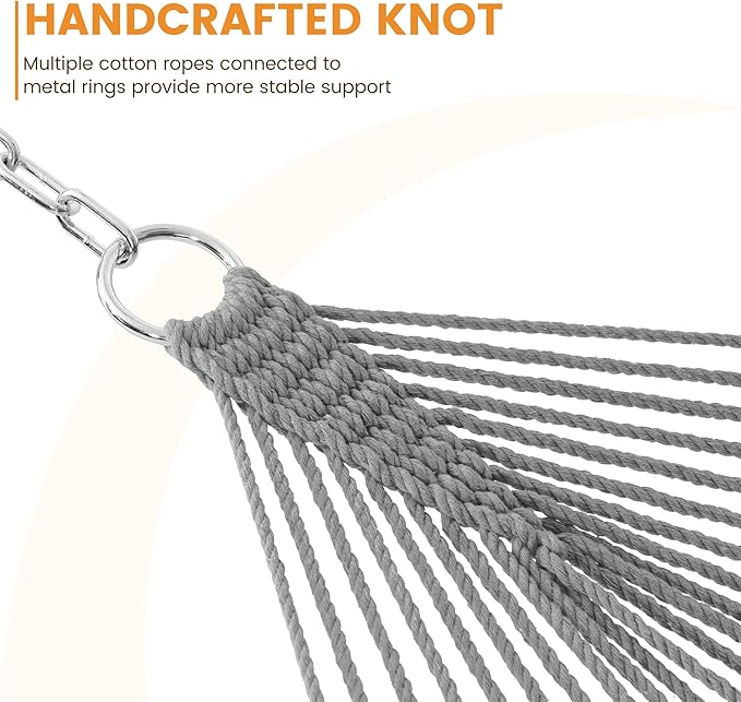 Lazy Daze Hammocks 12FT Double Rope Hammocks 2 Person Hand Woven Cotton Hammock with Spreader Bar Carabiner Tree Strap Chain for Outside FIT 13-15 FT Stand Max 450 Lbs Light Grey