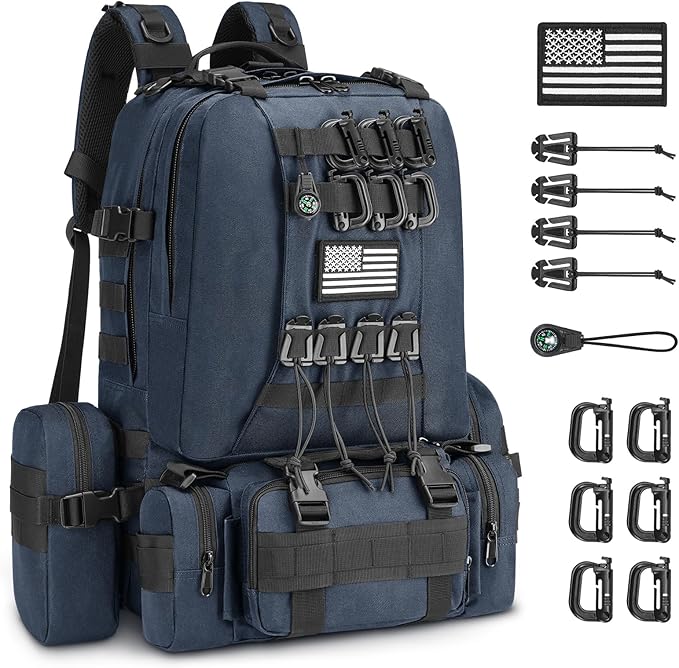 CVLIFE 60L Tactical Backpack for Men Women Military Large Army Rucksack With D-Ring Molle Clips Compass Accessories 3 Day Bug Out Survival Molle Bag Hiking Camping Gym Daypack Backpack Blue