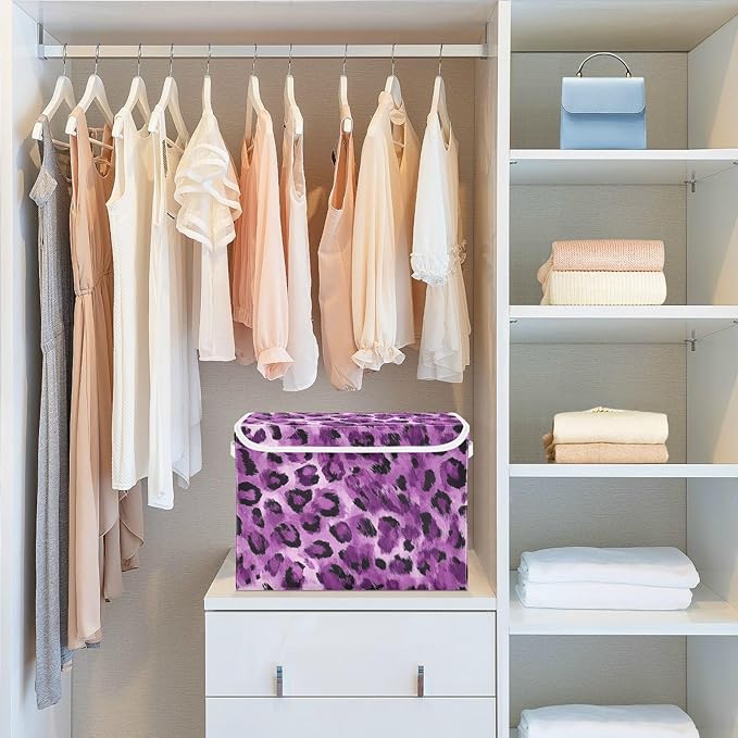 Collapsible Storage Bins with Lids Decorative Fabric Storage Cubes Closet Organizer and Storage Basket Boxes Containers for Clothes Box Chest Nursery Folding Rectangle Purple Leopard Print