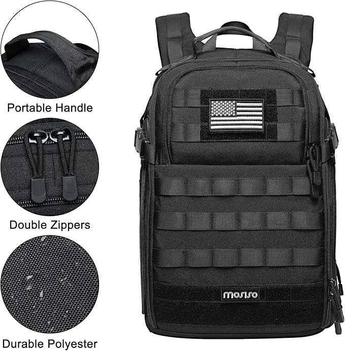 MOSISO Tactical Backpack 2-Layer Military Daypack 3 Day Assault Pack Rucksack Outdoor Hiking Hunting Camping Training Travel Shoulder Bag with Trolley Belt &amp USA Flag Patch Black