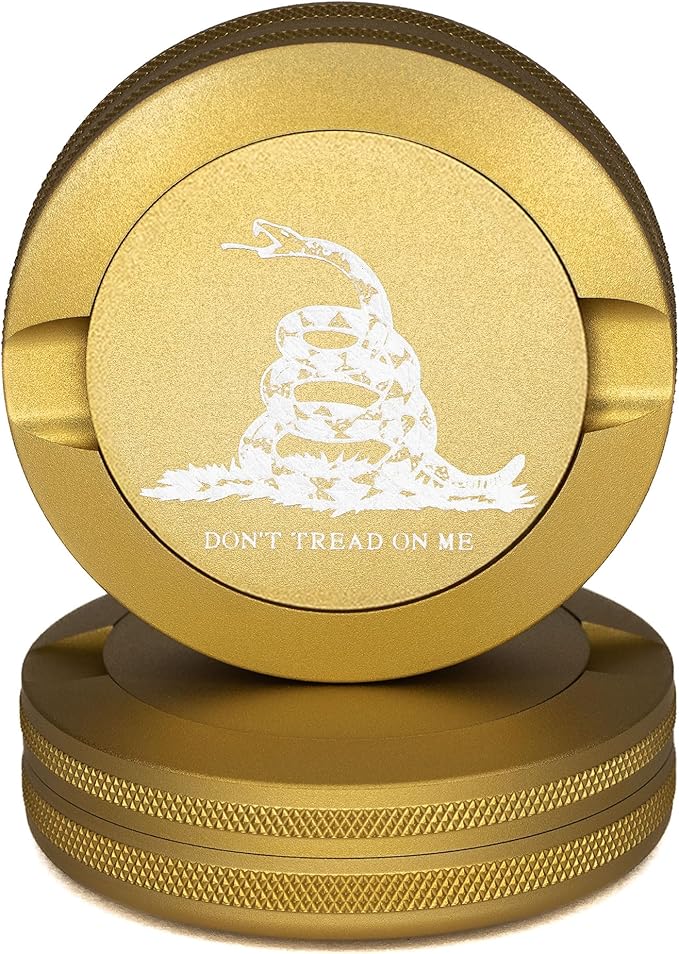 Don’t Tread on Me Zyn Metal Can | Pouch Container | Moisture &amp Odor Proof Snus Can | Zyn Accessories | Laser Engraved Gadsden Flag Design (Gold)