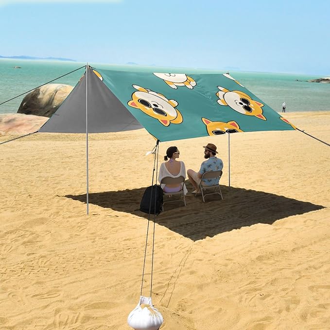 ALAZA Corgi with Sunglass Pattern Beach Tent Sun Shelter Portable Canopy Sunshade for Outdoor Camping Picnics Backyard Fun 10x9 ft