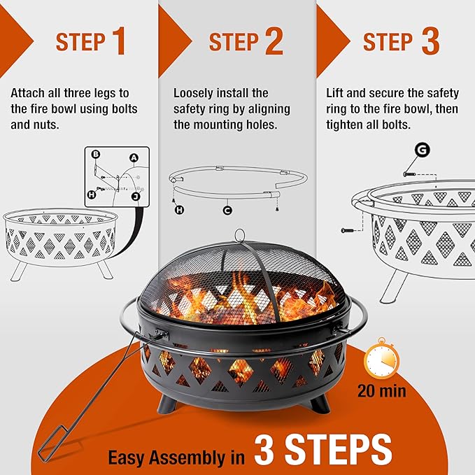 36 Inch Heavy Duty Steel Fire Pit Outdoor Wood Burning Fire Pits with Mesh Spark Screen and Poker for Camping Heating