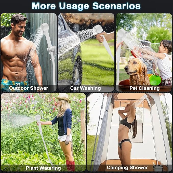 Portable Shower for Camping 8000mAh Rechargeable Camping Shower Pump with 3X Stronger Water Flow 5 Pressure Levels &amp 4 Shower Modes Outdoor Shower with Intelligent LED Display for Hiking Travel