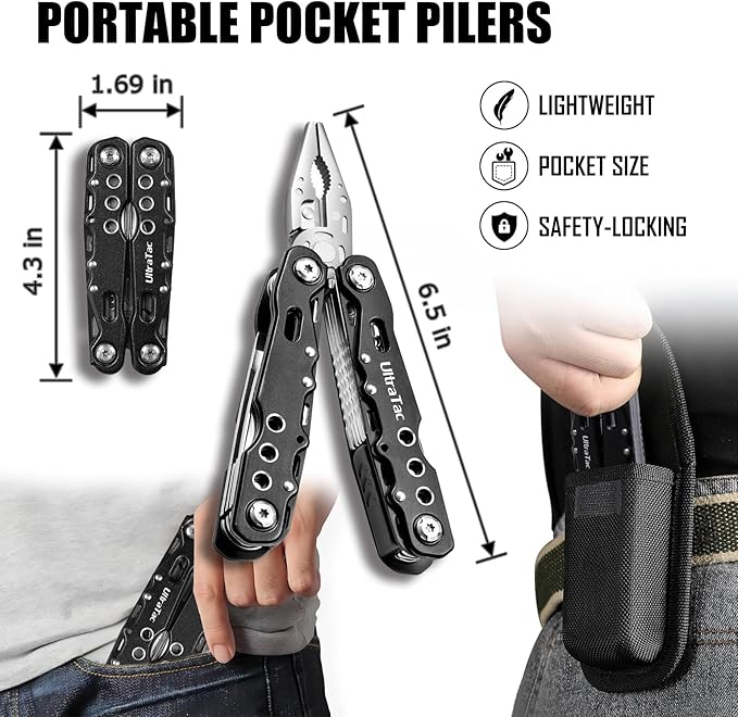 UltraTac Military Grade Multitool Gift Set for Men Compact Survival Kit for Car Emergency Birthday or Holiday Gift for Man Pocket EDC Tools for Camping Hiking &amp Quick Fixes - Stainless Steel