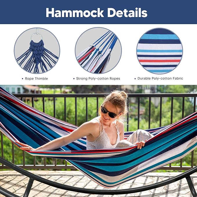 SUNCREAT 2 Person Hammock with Stand Space Saving Free Standing Hammock with Stand Included Patent Pending Blue Red