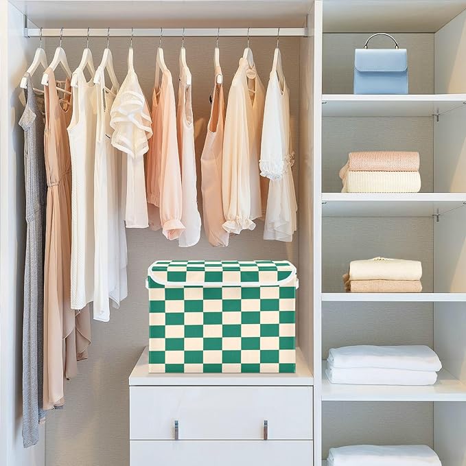 Storage Bins With Lid Stackable Fabric Closet Organizer Clothing Storage Large Boxes For Closet Shelves Bedroom Checkered Emerald Green and Beige