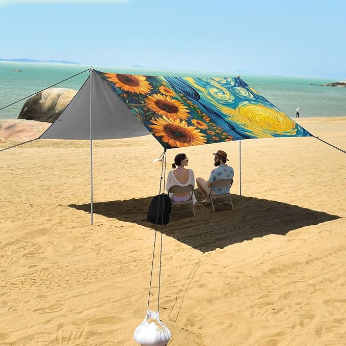 ALAZA Starry Sky Sunflowers Gogh Beach Tent Sun Shelter UPF50+ Protection Beach Shade Canopy w/ 4 Sandbags for Outdoor Camping Fishing Backyard Fun Picnic 10x9 ft