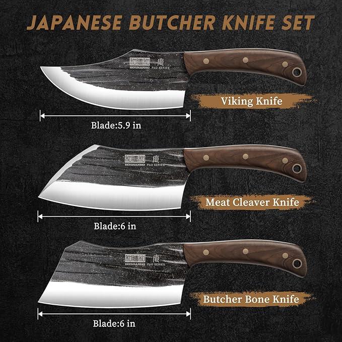 HOSHANHO Butcher Knife Set 3-Piece High Carbon Steel Serbian Chef Knife Set of Heavy Duty Boning Knife &amp Meat Cleaver Knives &amp Viking Knives for Home Cooking Outdoor Camping BBQ