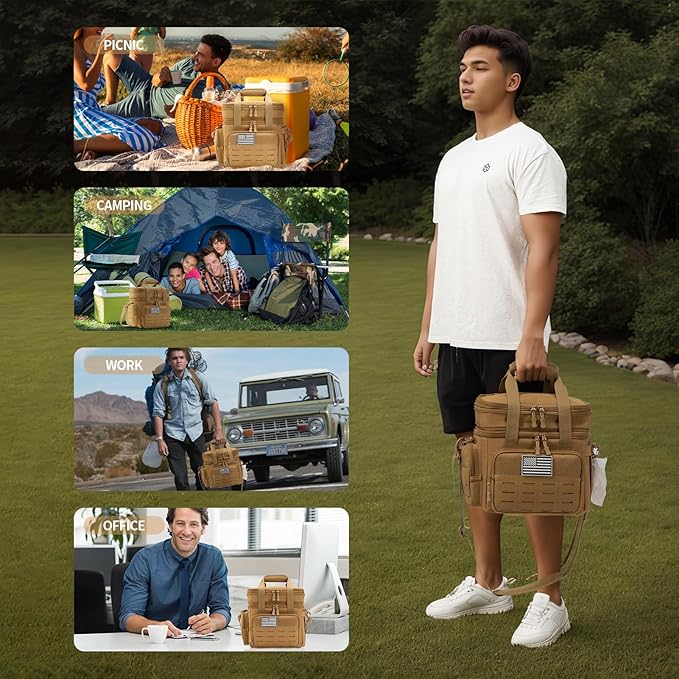 QT&ampQY Tactical Lunch Box for Men Expandable 18L Heavy Duty Military Insulated Cooler Bag Leakproof Thermal Lunch Bag for Work Camping Outdoor Picnic Pail Adult Meal MOLLE Webbing Khaki