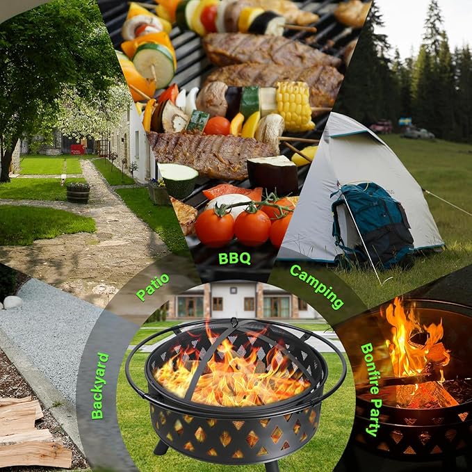 32 Inch Fire Pit Outdoor Burning Stove 2 in 1 Metal Round Fireplace for Outside Bonfire Party BBQ Camping Backyard Patio Garden w/Fire Poker Spark Screen Grate Cover (Rhombic)