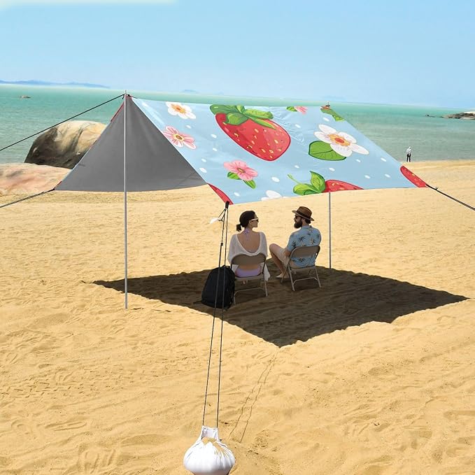 ALAZA Funny Strawberry Green Leaves Flowers on Light Blue Beach Tent Sun Shelter Portable Canopy Sunshade for Outdoor Camping Picnics Backyard Fun 10x9 ft