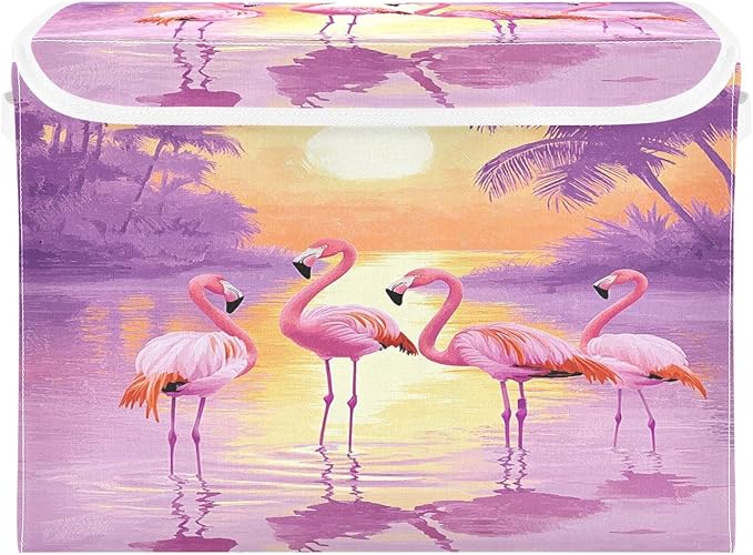 MNSRUU Containers Baskets with Lids Four Flamingos Fabric Foldable Storage Bins Organizer with Lid Collapsible Storage Boxes for Home Bedroom Closet Office