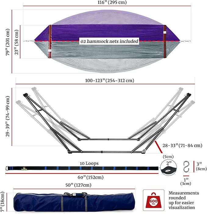 Tranquillo Combo x2 Hammocks with Stand for Outside &amp Tree Straps Heavy Duty Hammock with Stand 600lbs for Indoor Outdoor Patio Backyard x2 Hammocks for 2 Person (Combo - Purple Medium)