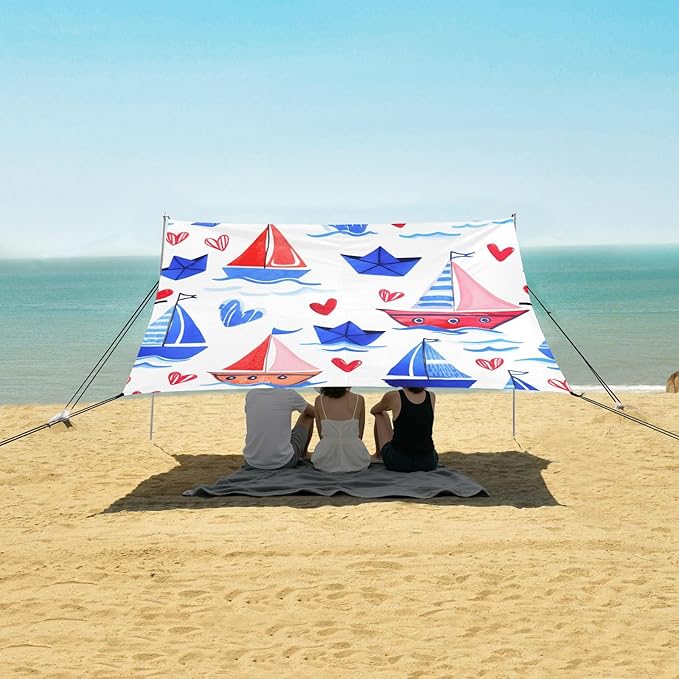 xigua Sailboats Beach Tent Sun Shelter with Carrying Bag - Silver Coated Oxford Fabric Beach Canopy for Beach Camping Fishing - Includes Windproof Ropes Sandbags &amp Stakes