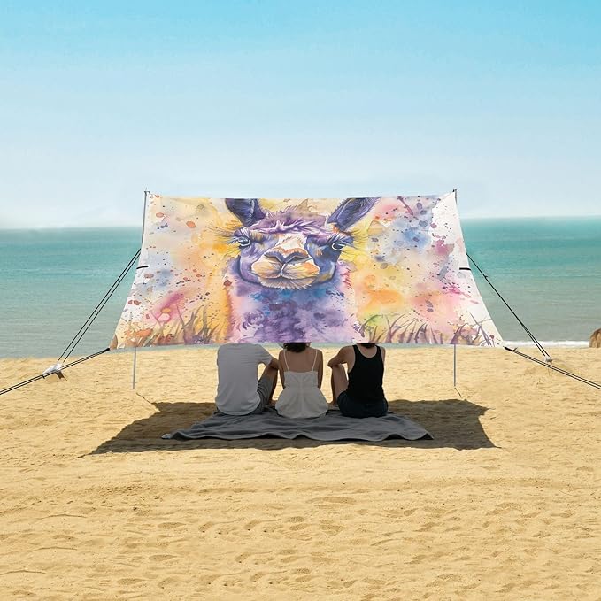 ALAZA Purple Llama Alpaca Beach Tent Sun Shelter UPF50+ Protection Beach Shade Canopy w/ 4 Sandbags for Outdoor Camping Fishing Backyard Fun Picnic 10x9 ft