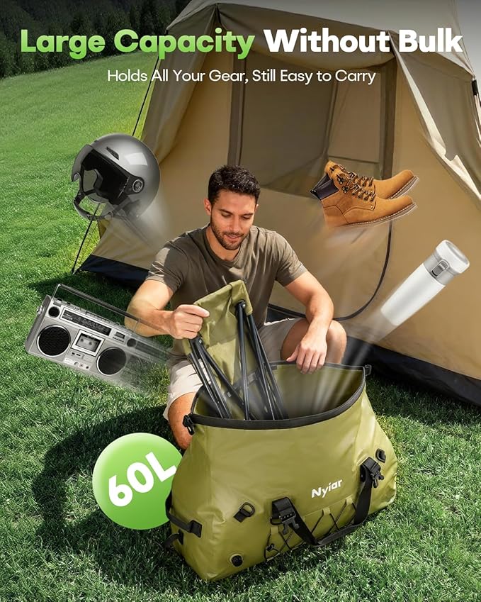 60L Waterproof Duffel Bag Motorcycle Dry Bag Backpack Heavy-Duty Roll-Top Waterproof Bag with Sealed Seams &amp Waterproof Zipper for Riding Kayaking Camping &amp Travel (Green)