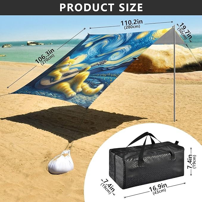 Starry Night Guitar Cat Beach Tent Sun Shelter Set UPF50+ UV Protection 10.5 x 9.19 FT Camping Shade Canopy with Sandbags Sand Anchors Carrying Bag and Others