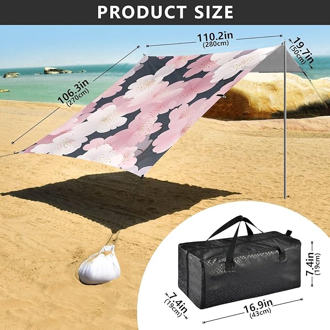 ALAZA Pink Cherry Blossom Floral Beach Tent Sun Shelter UPF50+ Protection Beach Shade Canopy w/ 4 Sandbags for Outdoor Camping Fishing Backyard Fun Picnic 10x9 ft