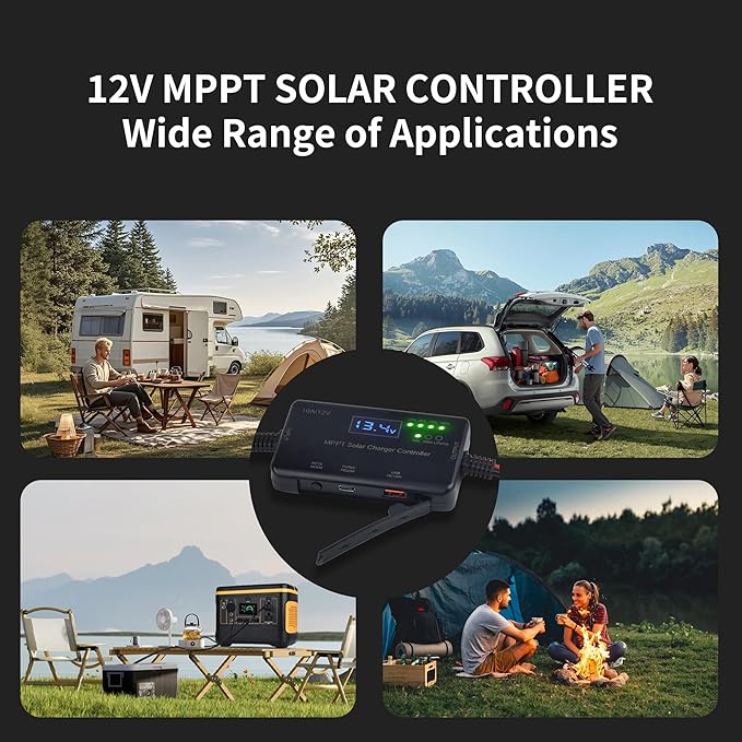 MPPT Solar Charge Controller 12V 10A with Wire Connectors Solar Panel Charge Controller with Type-C and USB Output for Gel AGM LiFePO4 Battery