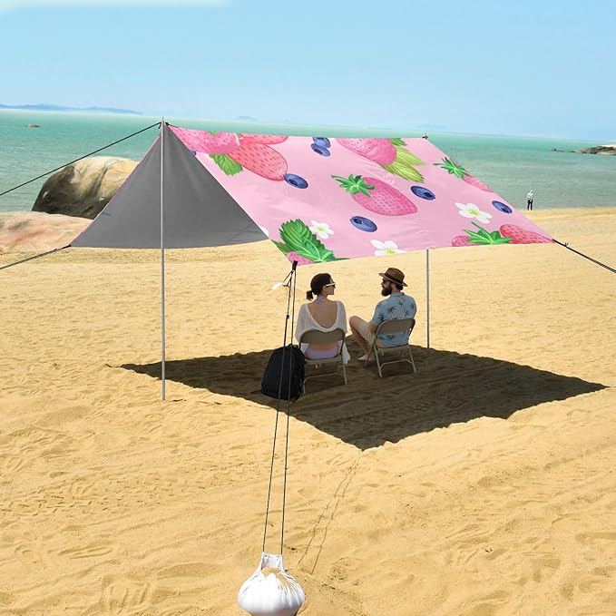 Beach Canopy with Windproof Ropes &amp Sandbags Beach Tent Sun Shade Sun Shelter for Camping Trips Fishing Backyard Fun or Picnics Strawberry