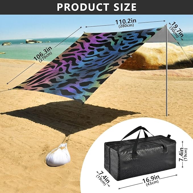 ALAZA Rainbow Leopard Print Cheetah Beach Tent Sun Shelter UPF50+ Protection Beach Shade Canopy w/ 4 Sandbags for Outdoor Camping Fishing Backyard Fun Picnic 10x9 ft