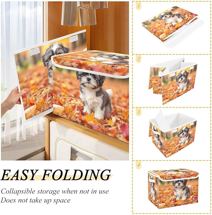 AIXIWAWA Lidded Storage Cube (Fall Puppy) Fabric Foldable Closet Bins with Flip Lid and Handles Organizer Basket Container 16.5 x 12.6 x 11.8 IN