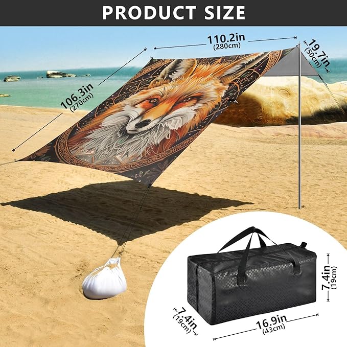ALAZA Fox Mandala Beach Tent Sun Shelter Portable Canopy Sunshade for Outdoor Camping Picnics Backyard Fun 10x9 ft