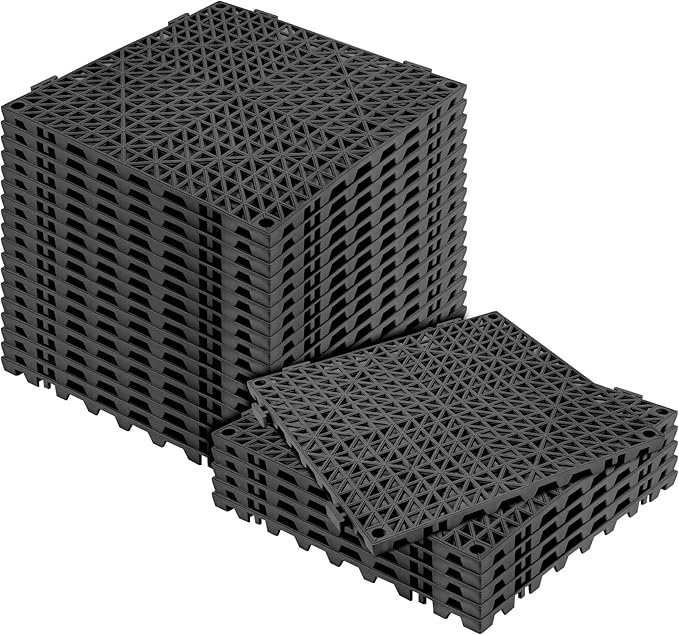 MYFAMIREA Modular Interlocking Cushion 24 Pack 11.8 x 11.8 Rubber Floor Tiles Non-Slip Splicing Drainage Mats for Deck Pool Outdoor Shower Patio Balcony Indoor Bathroom Kitchen Yard (Black)