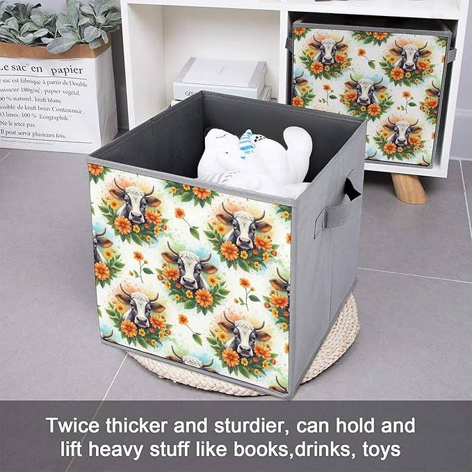Collapsible Storage Bins with Handles Cute Highland Cow Foldable Cube Organizer Box for Closet Shelf Toy Storage Space-Saving Home &amp Office Decor