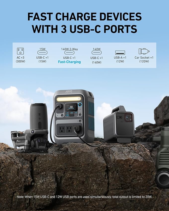 Anker Solar Generator SOLIX C300 with 60W Solar Panel 288Wh Portable Power Station 300W (600W Surge) LiFePO4 Battery 140W Two-Way Fast Charging for Outdoor Camping Traveling and Emergencies