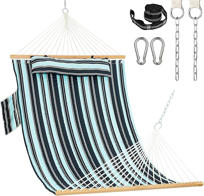 Lazy Daze Hammocks 2 Person Double Quilted Fabric Hammock with Spreader Bar Detachable Pillow Side Pocket Carabiners Chains Straps for Outdoor 450lbs Capacity Aqua Navy