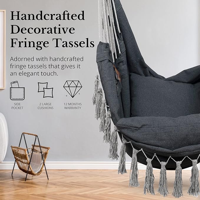 KOMOREBI Hammock Chair - Grey - 60 x 47 - Hanging Rope Swing for Indoor &amp Outdoor - Soft &amp Durable Cotton Canvas - 2 Cushions Included - Large Macrame Hanging Chair for Bedroom Patio Porch