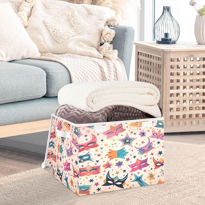 Storage Baskets with Lids Colorful Mask Mardi Gras Collapsible Bins Stackable Fabric Linen Baskets Closet Organizer Container 16.5x12.6x11.8