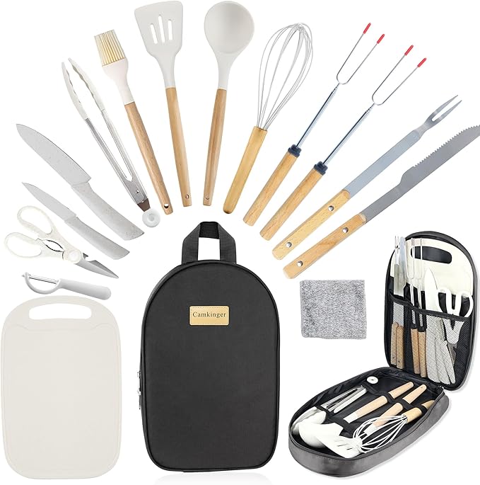 Camping Accessories Kitchen Cooking Utensils Set - Portable Outdoor Camp Cookware Set Silicone Camper Essentials Gear Must Have Supplies for Travel RV BBQ Grill Picnic Hiking