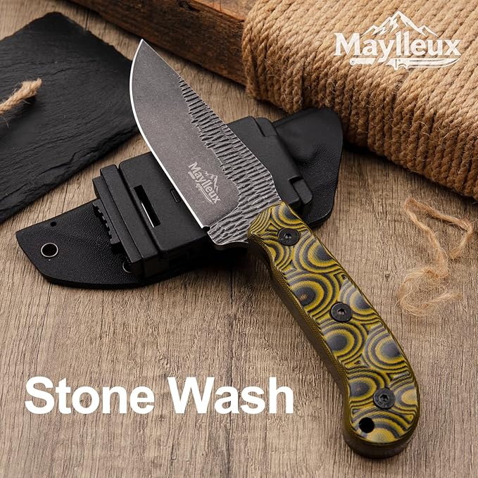 Fixed Blade Knife with Sheath 1095 Steel Outdoor Survival Hunting Tools Camping G10 Handle EDC (Yellow Style 1)