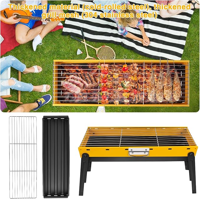 Portable Charcoal Grill Portable Tabletop BBQ for Outdoor Cooking | Compact Folding Grill for Camping Hiking Picnics &amp Travel | 24”x13”x9” Lightweight Smoky Flavor Grill