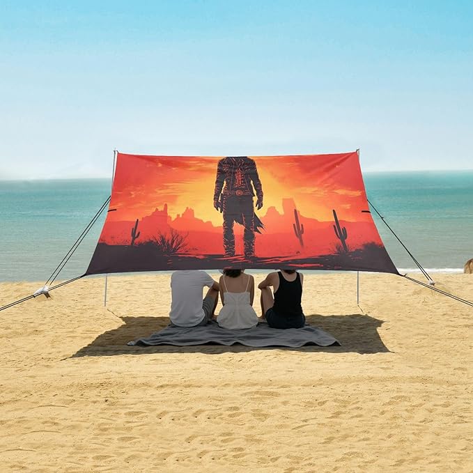 Sunset Cowboy Beach Tent Sun Shelter Set UPF50+ UV Protection 10.5 x 9.19 FT Camping Shade Canopy with Sandbags Sand Anchors Carrying Bag and Others