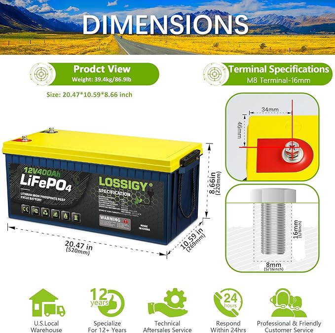 LOSSIGY 12V 400AH Lithium Battery with 250A BMS 5120Wh Deep Cycle Power Supply Perfect for Solar System RV Off Grid